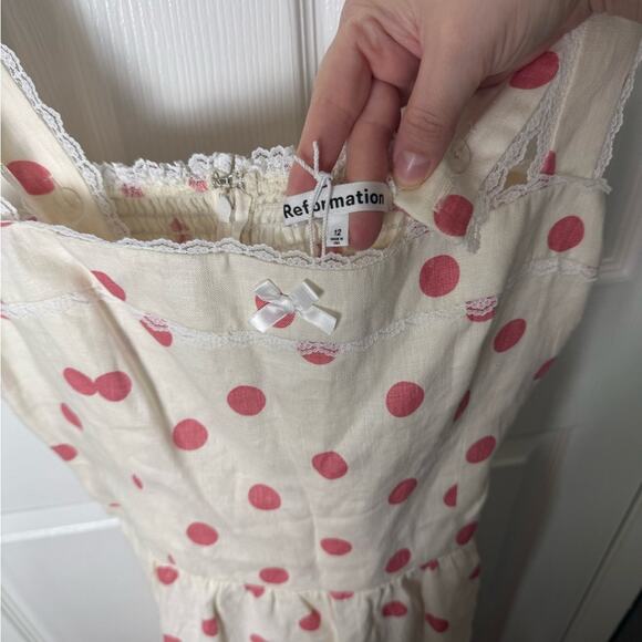 Reformation Rowen Linen Dress Pink Polka Dot 12 - Picture 5 of 7